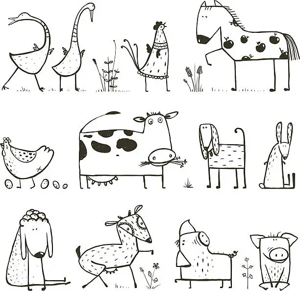 Vector illustration of Funny Cartoon Farm Domestic Animals Collection for Kids Coloring Page