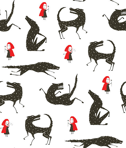 Little Red Riding Hood and Black Wolf Fairytale Seamless Pattern Little girl loves bad horrible wolf, black and white. Seamless background. Vector illustration. ugly people crying stock illustrations