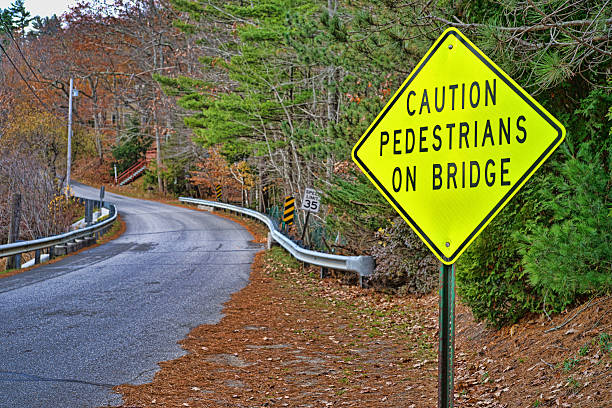 istock Caution Pedestrians On Bridge Sign 474369360