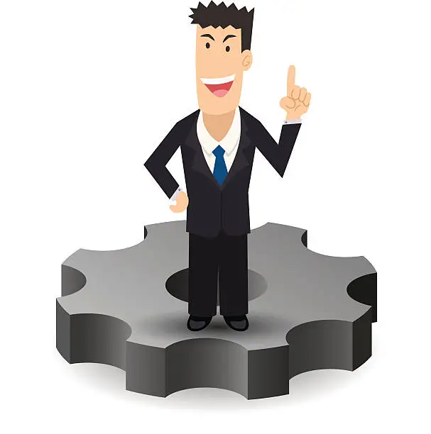 Vector illustration of Business man standing on gear on white background