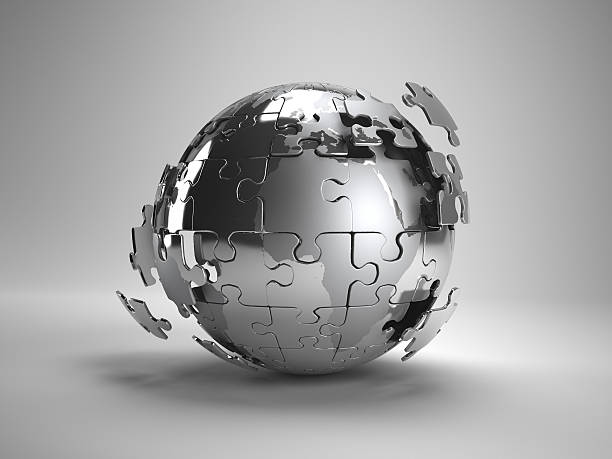 Global Strategy Globe puzzle with floating pieces metal sphere stock pictures, royalty-free photos & images