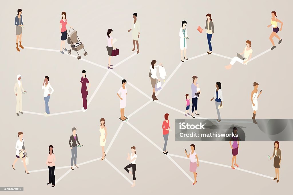 Communicating Women Illustration A variety of women stand connected by a network, illustrated in a flat vector style in isometric view. Women are dressed casually or for business, work, or just for fun. 2015 stock vector