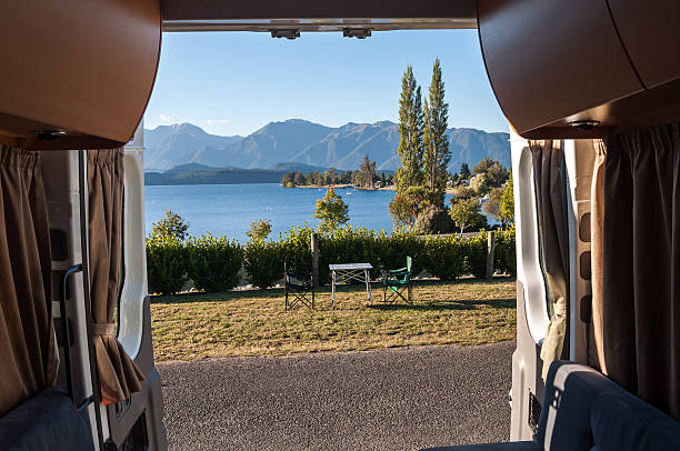 view from inside for a motorhome view of Lake Tekapo from the back of a motorhome escursion stock pictures, royalty-free photos & images
