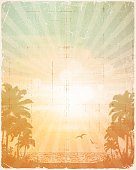 Tropical summer vacation retro-vintage background with palm trees,beach, defocused sky and textures.File is layered with global colors.Only gradients used.Hi res jpeg without text included.More works like this linked below.