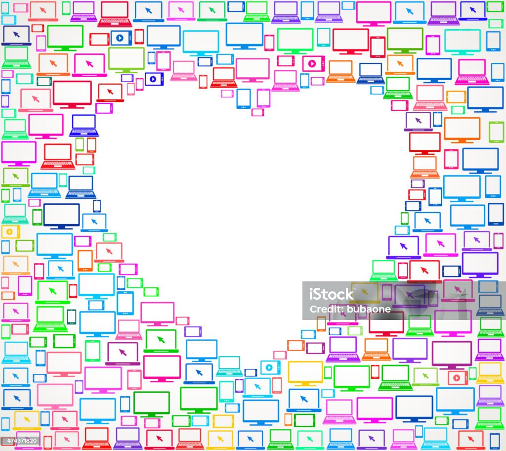 Heart on Digital Screen and Smart Phone Pattern Heart on royalty free Digital Screen and Smart Phone interface icon pattern. The pattern features vector icons on white Background including laptop, computer mouse, screen, smart phone, tablet and internet technology icons. Image works for social media, marketing and technology and communication ideas. Icon download includes vector art and jpg file and Smart Phone Pattern Online Dating stock vector
