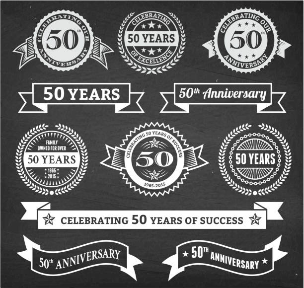 fifty year anniversary hand-drawn chalkboard royalty free vector background. This image depicts a black chalkboard with multiple anniversary announcement designs. There is chalk dust remaining on the chalkboard and the chalkboard texture serves a perfect backdrop for making the anniversary announcements look authentic and elegant.