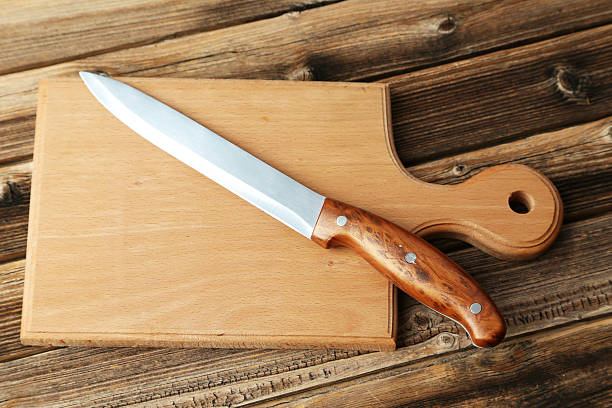 istock Kitchen knife on brown wooden background 474377070