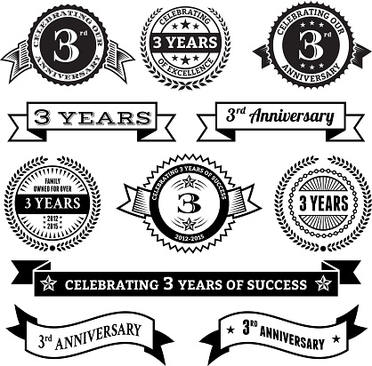 three year anniversary vector badge set royalty free vector background. This image depicts multiple anniversary announcement designs on simple white background. The anniversary announcements look authentic and elegant. There are several designs of bages and insignia elements as well as banner ribbons. The designs are black.