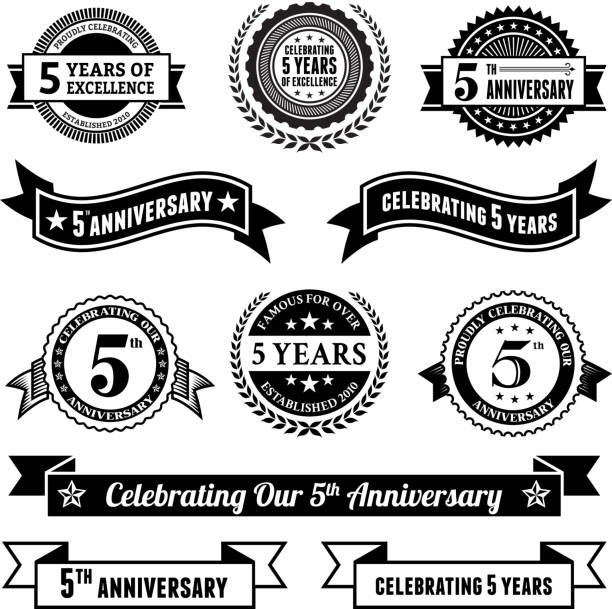 five year anniversary vector badge set royalty free vector background five year anniversary vector badge set royalty free vector background. This image depicts multiple anniversary announcement designs on simple white background. The anniversary announcements look authentic and elegant. There are several designs of bages and insignia elements as well as banner ribbons. The designs are black. 4 5 years stock illustrations