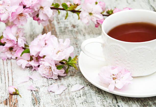 istock Cup of tea and sakura blossom 474380500