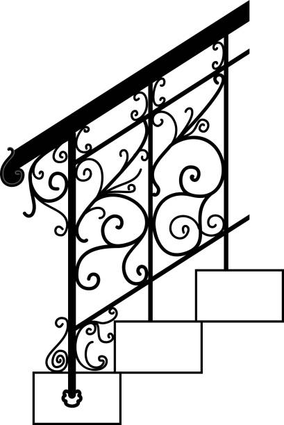 Black forged metal railings with floral motifs Black forged metal railings with floral motifs. Vector baluster stock illustrations