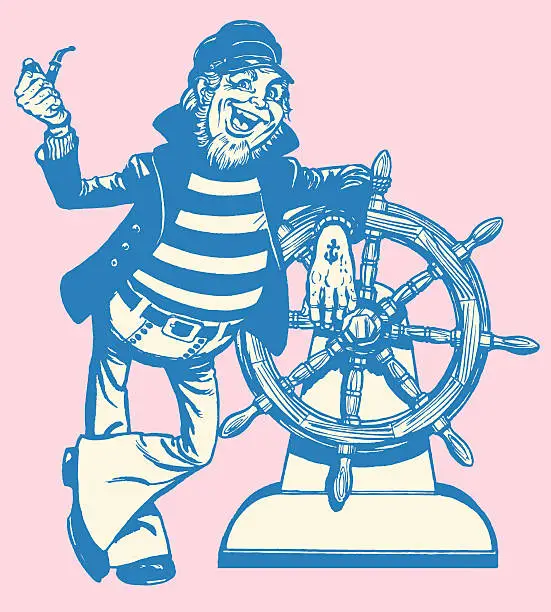 Vector illustration of Jovial Ship Captain at The Wheel