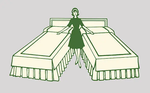 Vector illustration of Woman Standing Between Twin Beds