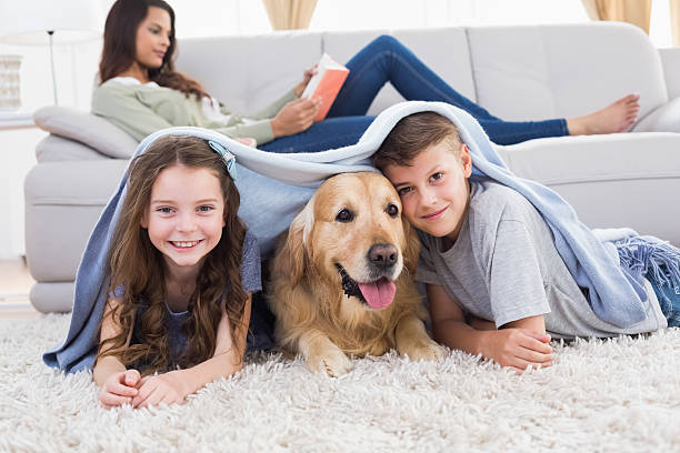 istock Happy siblings with dog under blanket 474395352