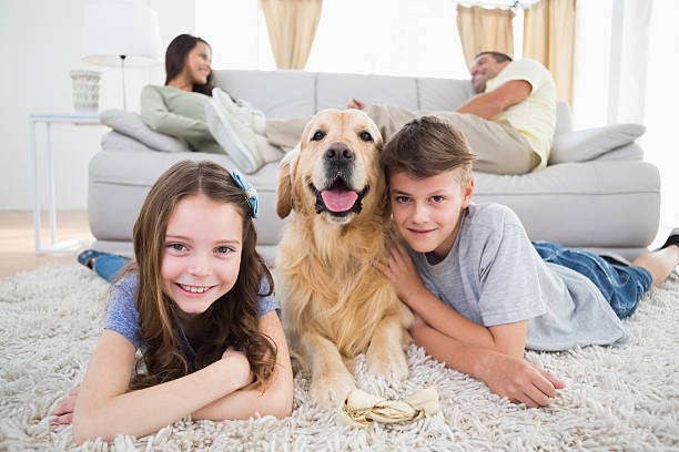 istock Siblings lying with dog while parents resting  on sofa 474395390