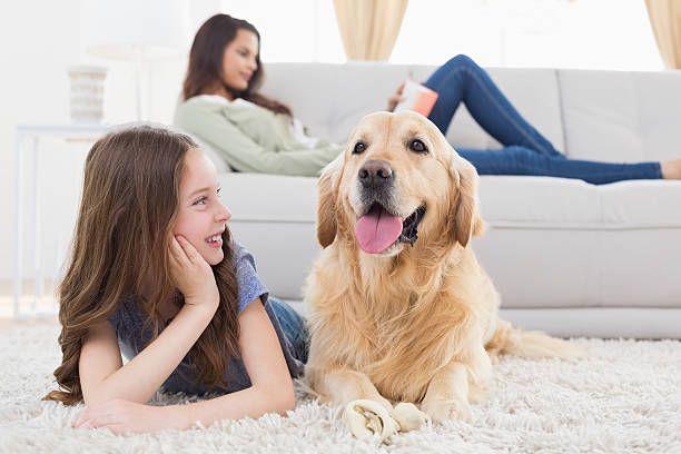 istock Girl looking at dog while lying on rug 474395494