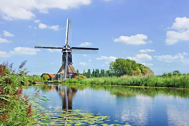 Ancient wooden windmill mirrored in a canal on a summerday with a blue sky and dramatic clouds, Molenwaard, The Netherlands.