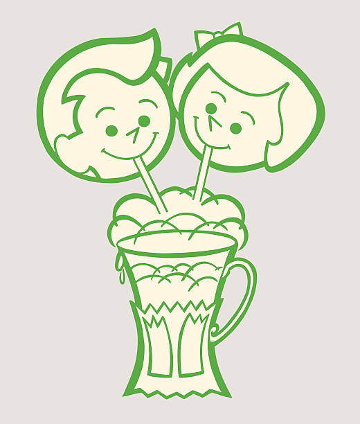 illustrazioni stock, clip art, cartoni animati e icone di tendenza di amici condividendo un frappè - soda fountain