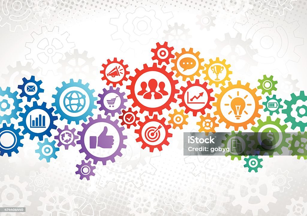Colorful Gears Business Concept Multi colored connected gears with icons in it symbolizing business strategy, success, teamwork, communication concepts. In the background is gray halftone and gray gears. Gear - Mechanism stock vector