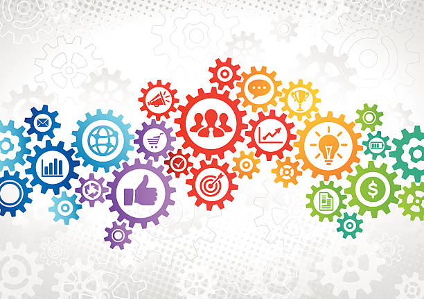 Colorful Gears Business Concept Multi colored connected gears with icons in it symbolizing business strategy, success, teamwork, communication concepts. In the background is gray halftone and gray gears. service designs stock illustrations