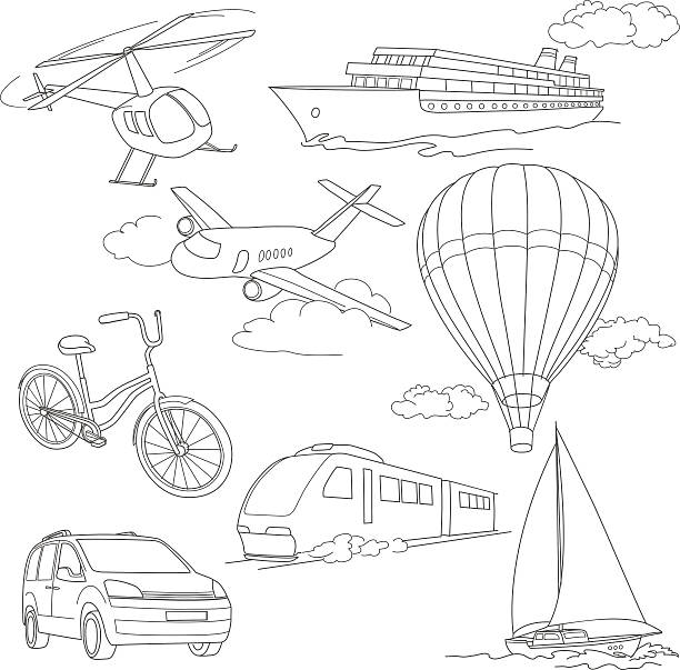 Travel set with car, air-balloons, ships, bike, helicopter, airplane vector art illustration