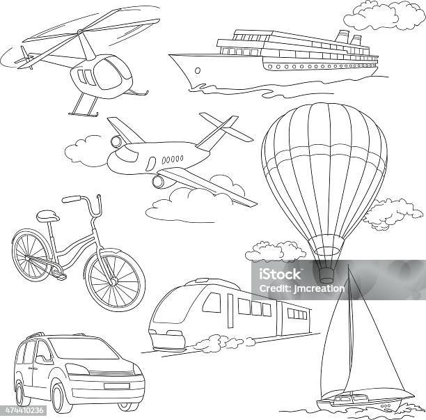 Travel Set With Car Airballoons Ships Bike Helicopter Airplane Stock Illustration - Download Image Now