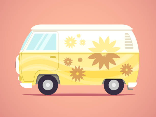 ilustraciones, imágenes clip art, dibujos animados e iconos de stock de hippy van - furgoneta