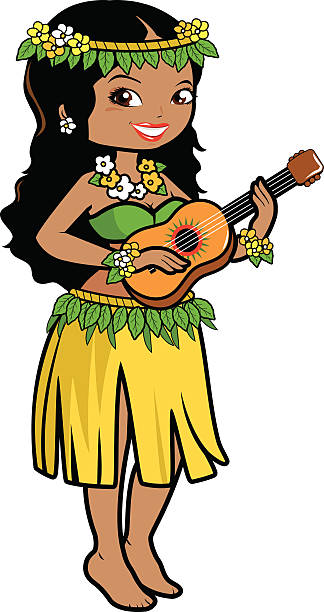 Hawaiian girl playing the ukulele Vector illustration of a Hawaiian woman playing music with her guitar in a grass skirt and garland with exotic flowers. grass skirt stock illustrations