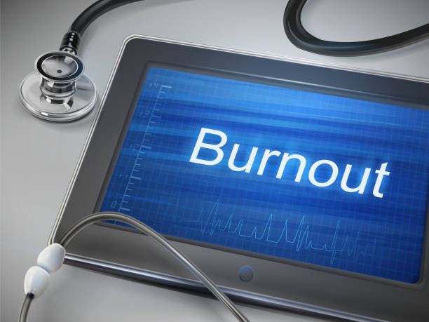 burnout word display on tablet burnout word display on tablet over table mental burnout stock illustrations