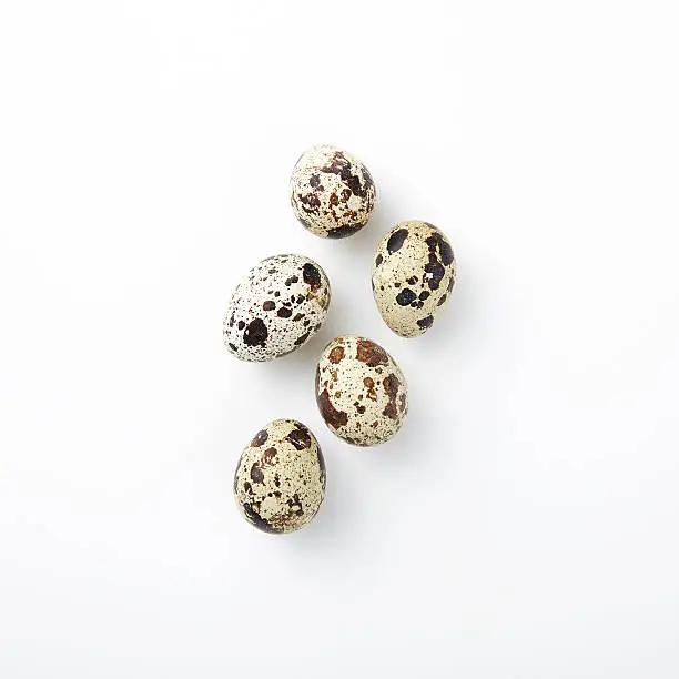 Overhead view of quail eggs on white