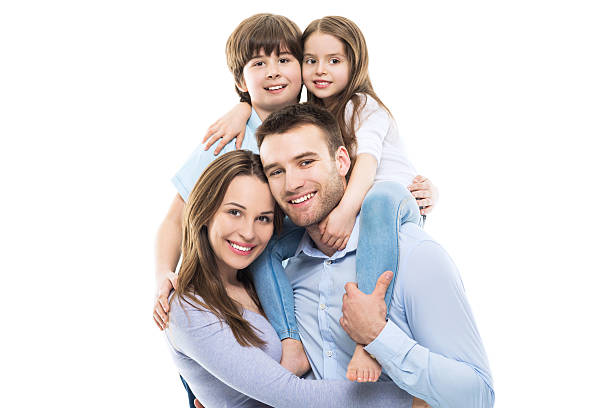 padres con dos niños - family white family with two children cheerful fotografías e imágenes de stock