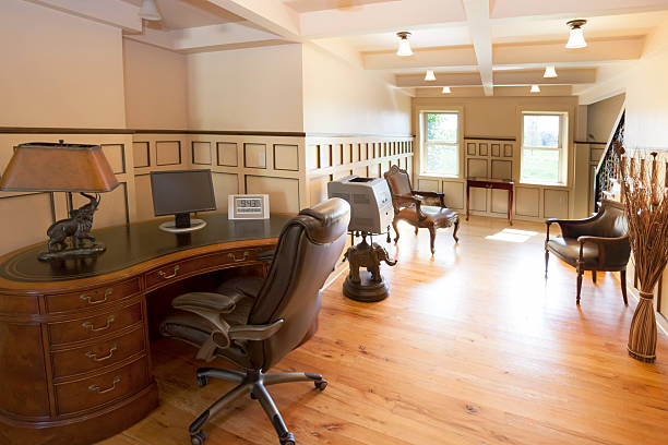 istock Cozy, Bright Home Office With Ornate Coffered Ceiling 474418316