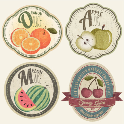 Fruit label set in retro style. Orange, Apple, Cherries and Melon cartoon style illustrations.