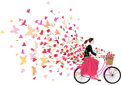 Beautiful girl wearing bandana pony tail black blouse long red skirt ballerinas rides a retro-style pink bicycle with basket full of red poppy flowers spreads good mood love joy freedom colorful hearts flowers butterflies and birds flying like a fresh breeze. Original artwork illustration rectangular shape on white background.