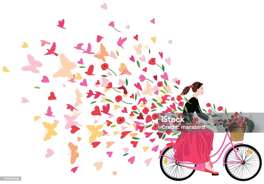Girl riding bicycle spreading love joy and freedom Beautiful girl wearing bandana pony tail black blouse long red skirt ballerinas rides a retro-style pink bicycle with basket full of red poppy flowers spreads good mood love joy freedom colorful hearts flowers butterflies and birds flying like a fresh breeze. Original artwork illustration rectangular shape on white background. Flower stock vector