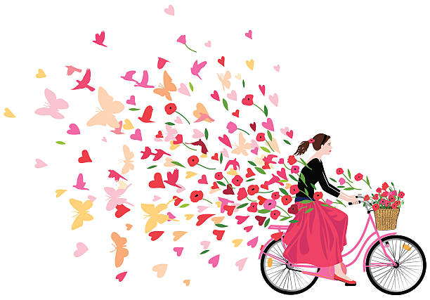 Girl riding bicycle spreading love joy and freedom Beautiful girl wearing bandana pony tail black blouse long red skirt ballerinas rides a retro-style pink bicycle with basket full of red poppy flowers spreads good mood love joy freedom colorful hearts flowers butterflies and birds flying like a fresh breeze. Original artwork illustration rectangular shape on white background. woman white background stock illustrations