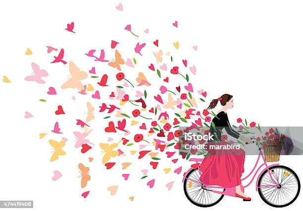 Girl Riding Bicycle Spreading Love Joy And Freedom Stock Illustration - Download Image Now - Flower, Women, Springtime