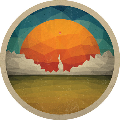 Abstract landscape of the triangles with the sun. Red rocket takes off from the space base. The launch into space. Start up concept vector. Vector illustration EPS10.