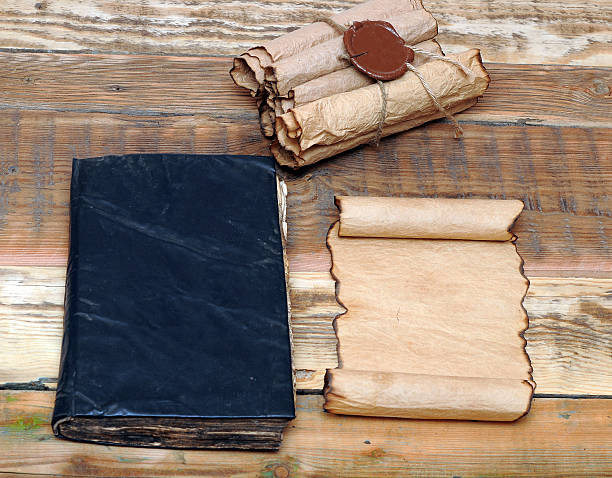 istock Scrolls of vintage paper with old book 474422797