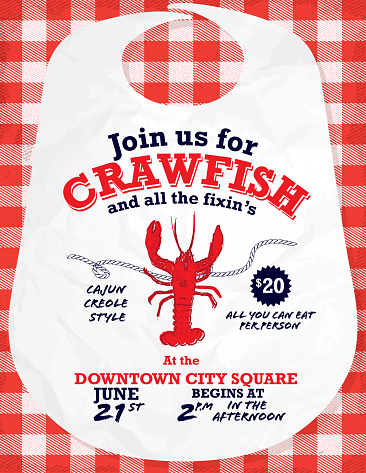 Vector illustration of a Crawfish boil invitation design template. Features rustic rope, very rough crawfish outline, sample layout text and checkered tablecloth background.  Perfect template for a family gathering or a corporate event or any summer fun celebration. Simple typography sample. Easy to edit layers. See my portfolio for similars. Easy layers for customization.