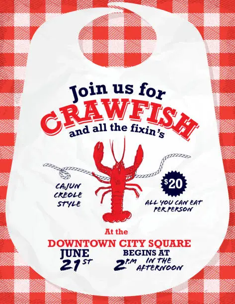 Vector illustration of Crawfish Boil invitation design template red and white tablecloth background