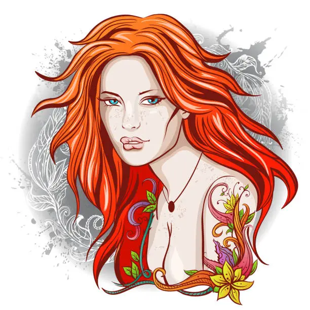 Vector illustration of Red haired girl with tattoo