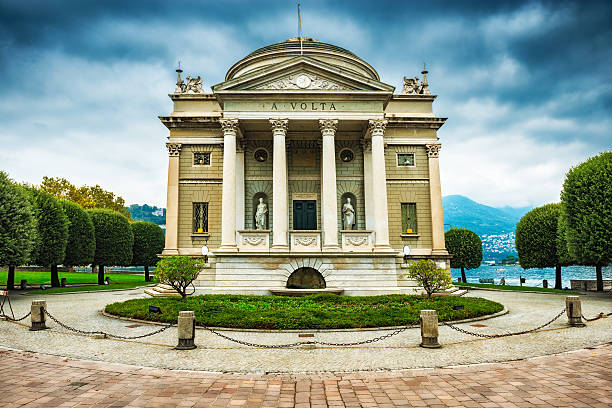 The Tempio Voltiano, on the shore of Lake Como in the city of Como, Italy. A neoclassical building designed by the architect Federico Frigerio (1873-1959). Completed in 1927 to celebrate the 100th death anniversary of the italian physicis Alessandro Volta (1745-1827), known for the invention of the electric battery (1800).