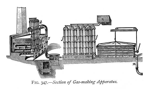 Gas making apparatus Vintage engraving of Gas making apparatus, 1883 gas fired power station stock illustrations