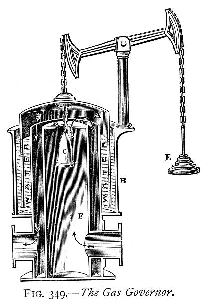 The Gas Governor Vintage engraving of a Gas Governor, 1883 gas fired power station stock illustrations