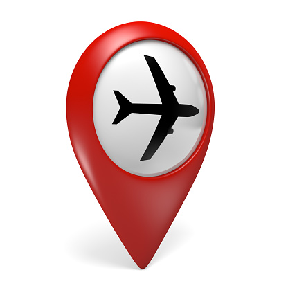 Red airport search finder icon with a plane symbol, common in digital maps and GPS devices, rendered in 3D,