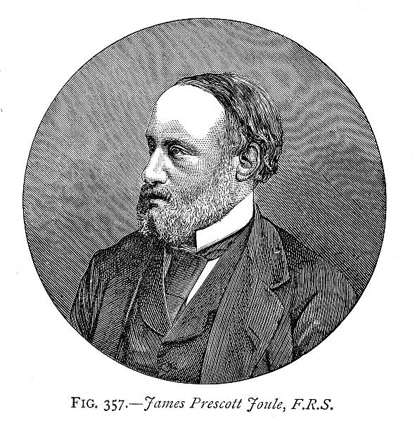 James Prescott Joule Vintage engraving of James Prescott Joule, an English physicist and brewer, born in Salford, Lancashire. Joule studied the nature of heat, and discovered its relationship to mechanical work. joule stock illustrations
