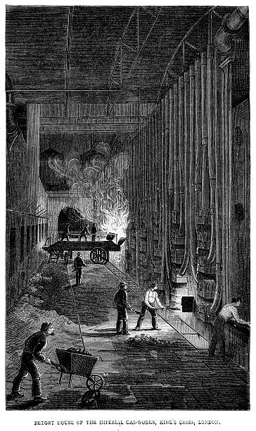 Imperial Gas Works, London Vintage engraving of the retort house of the Imperial Gas Works, King's Cross, London, 1883 gas fired power station stock illustrations