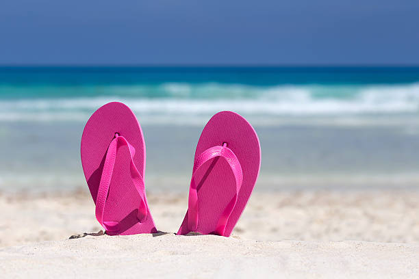 istock Pink flip flops on sandy beach near sea 474443776