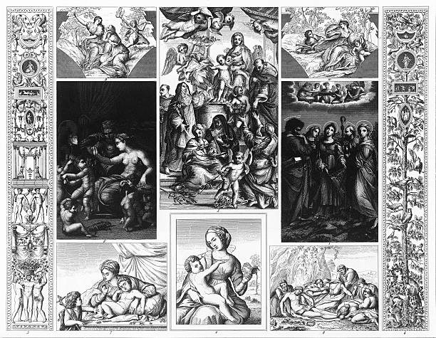 Italian Renaissance and Baroque Painting Engraving Engraved illustrations of Italian Painting of the Renaissance from Iconographic Encyclopedia of Science, Literature and Art, Published in 1851. Copyright has expired on this artwork. Digitally restored. romano cheese stock illustrations